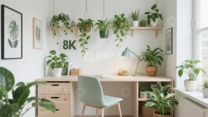 高清大图下载【趣麦麦图】室内绿植环绕的简约办公角落