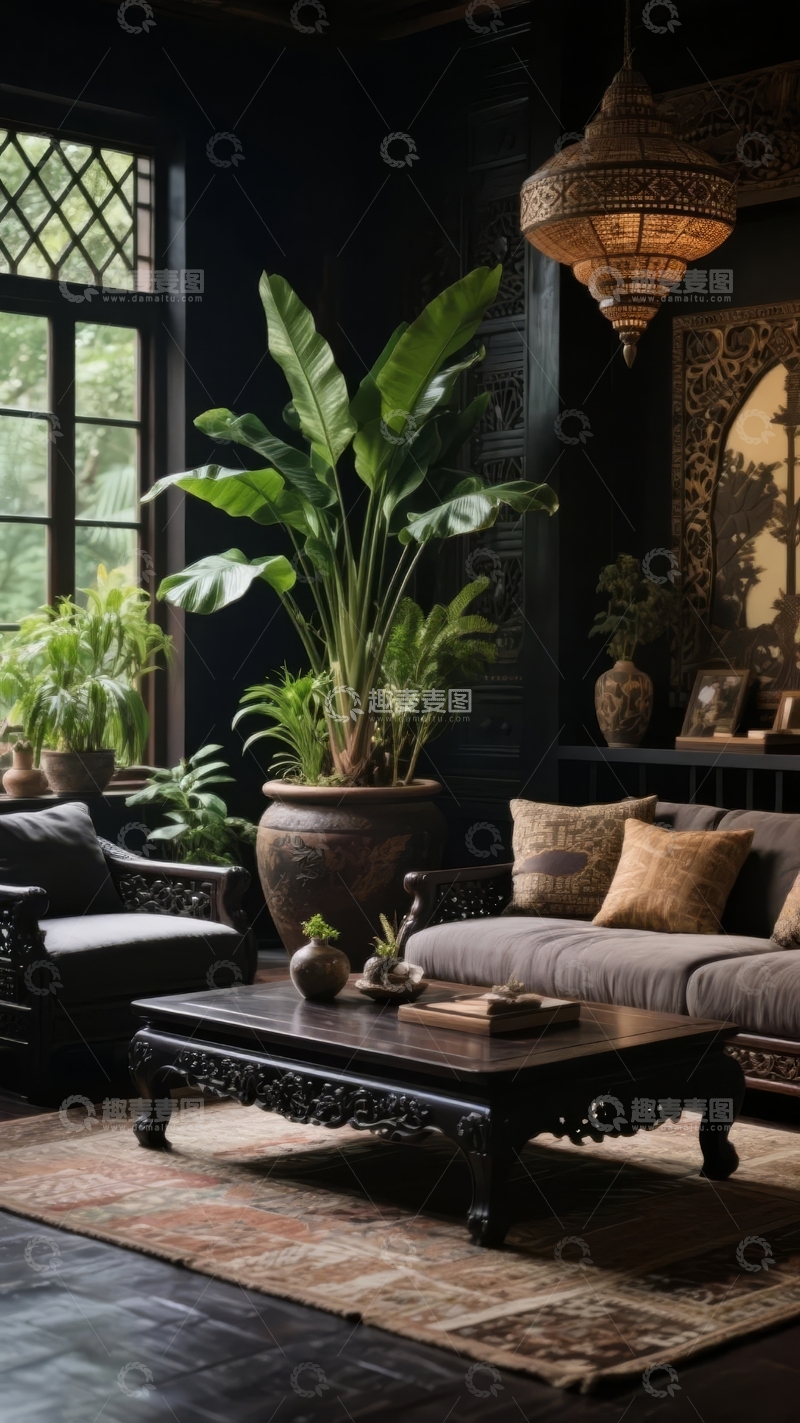 高清大图下载【趣麦麦图】深色墙面装饰的复古风格客厅内摆放着大型绿植和沙发