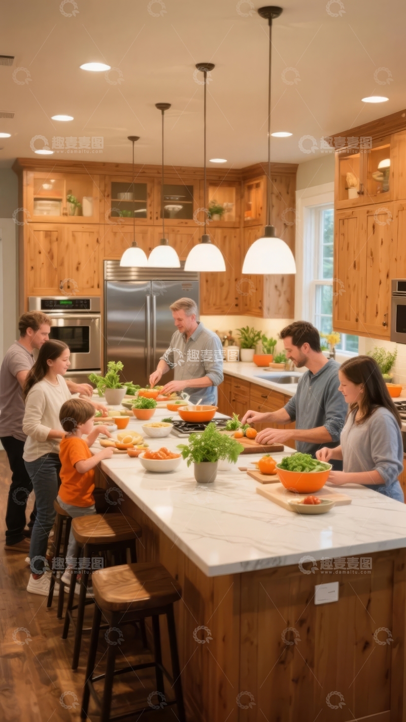 高清大图下载【趣麦麦图】家庭在木质厨房中围桌用餐
