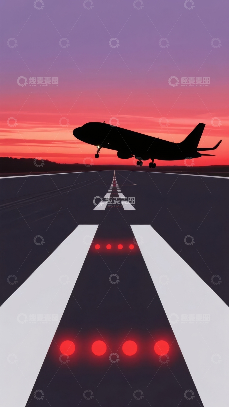 高清大图下载【趣麦麦图】-飞机在日落时分的跑道上起飞
