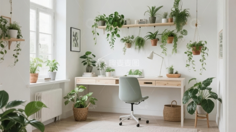 高清大图下载【趣麦麦图】明亮室内摆放多盆绿植的书桌角落