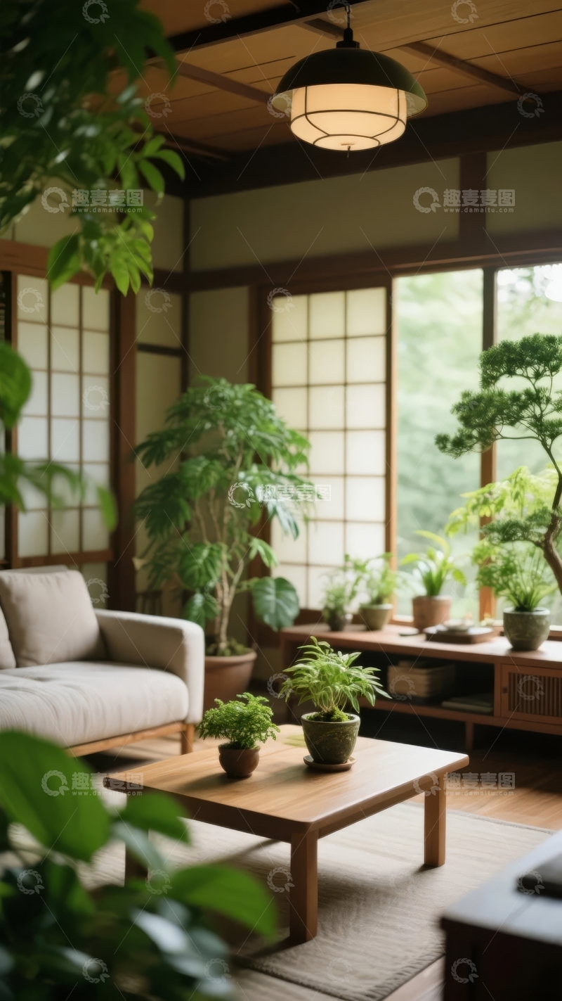 高清大图下载【趣麦麦图】日式风格室内空间摆放多盆绿植营造自然宁静氛围