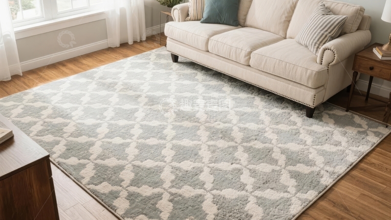 高清大图下载【趣麦麦图】-客厅中铺有几何图案地毯的米色沙发