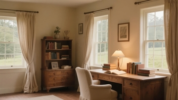 温馨书房内木质书桌与书架旁的舒适阅读角落