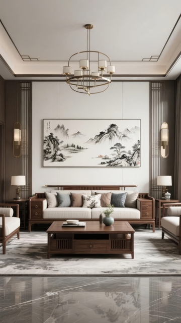 现代中式风格客厅装饰画沙发吊灯组合