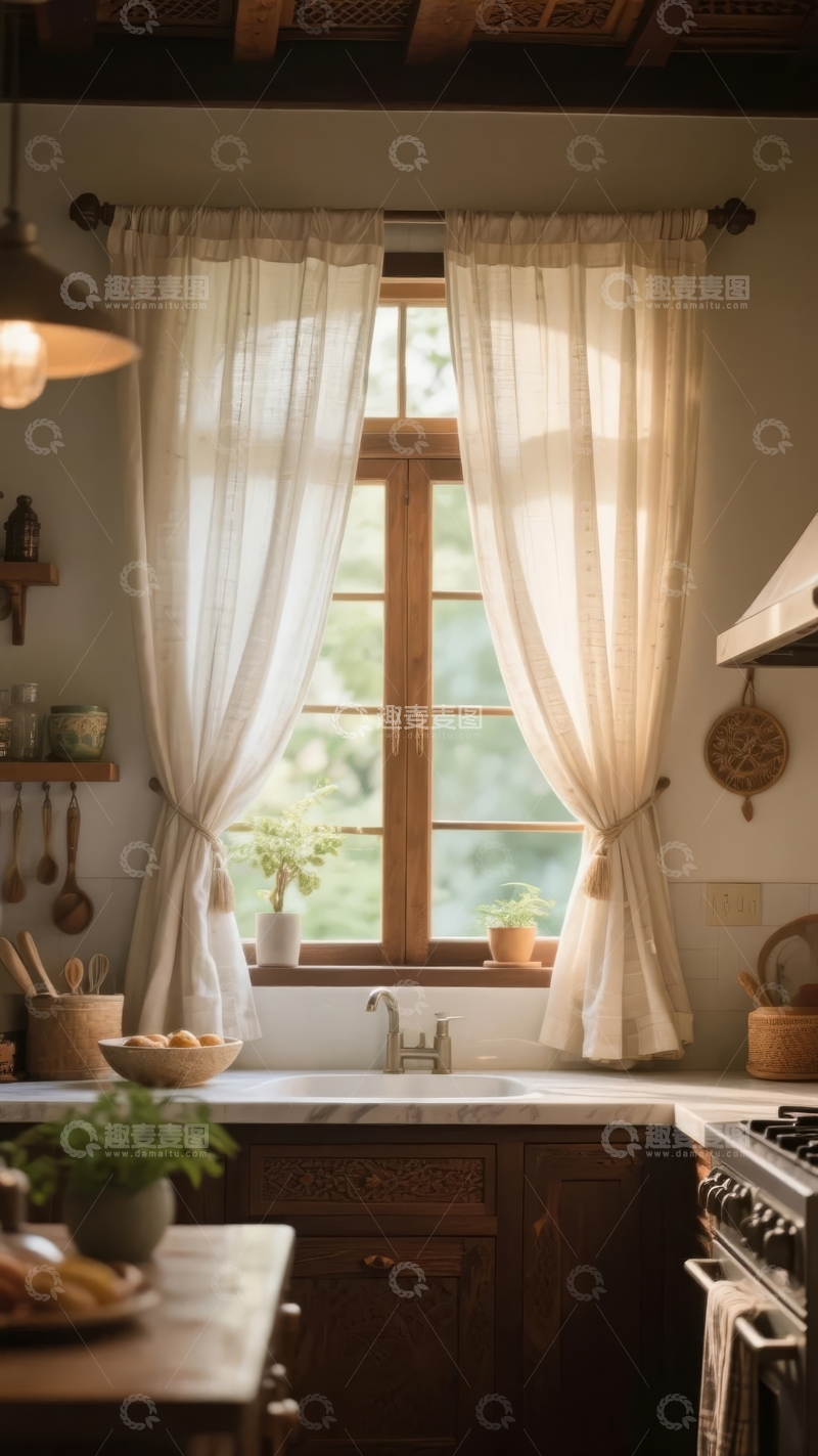 高清大图下载【趣麦麦图】温馨厨房窗边自然光洒落窗帘轻柔