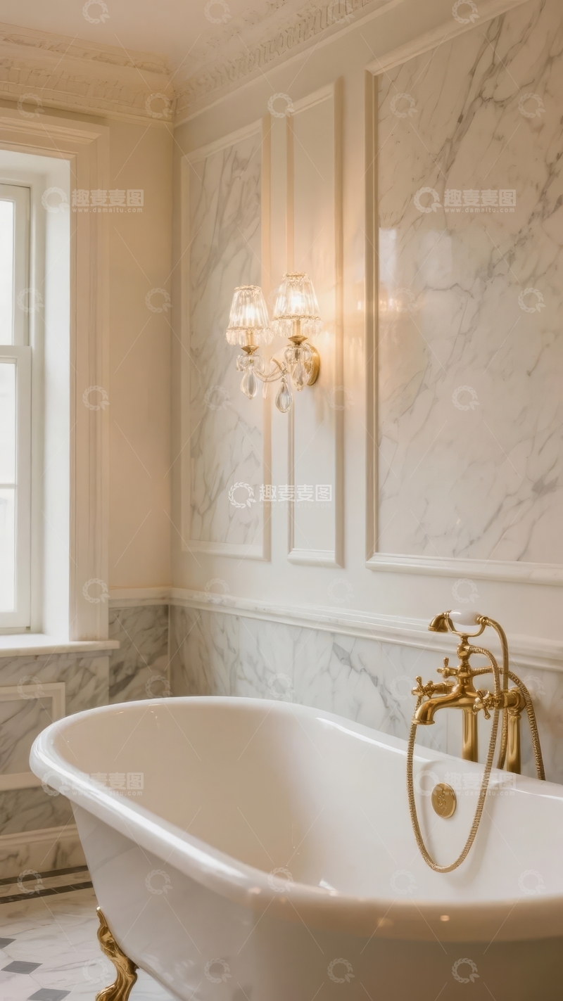 高清大图下载【趣麦麦图】豪华浴室中的白色浴缸与大理石墙面装饰