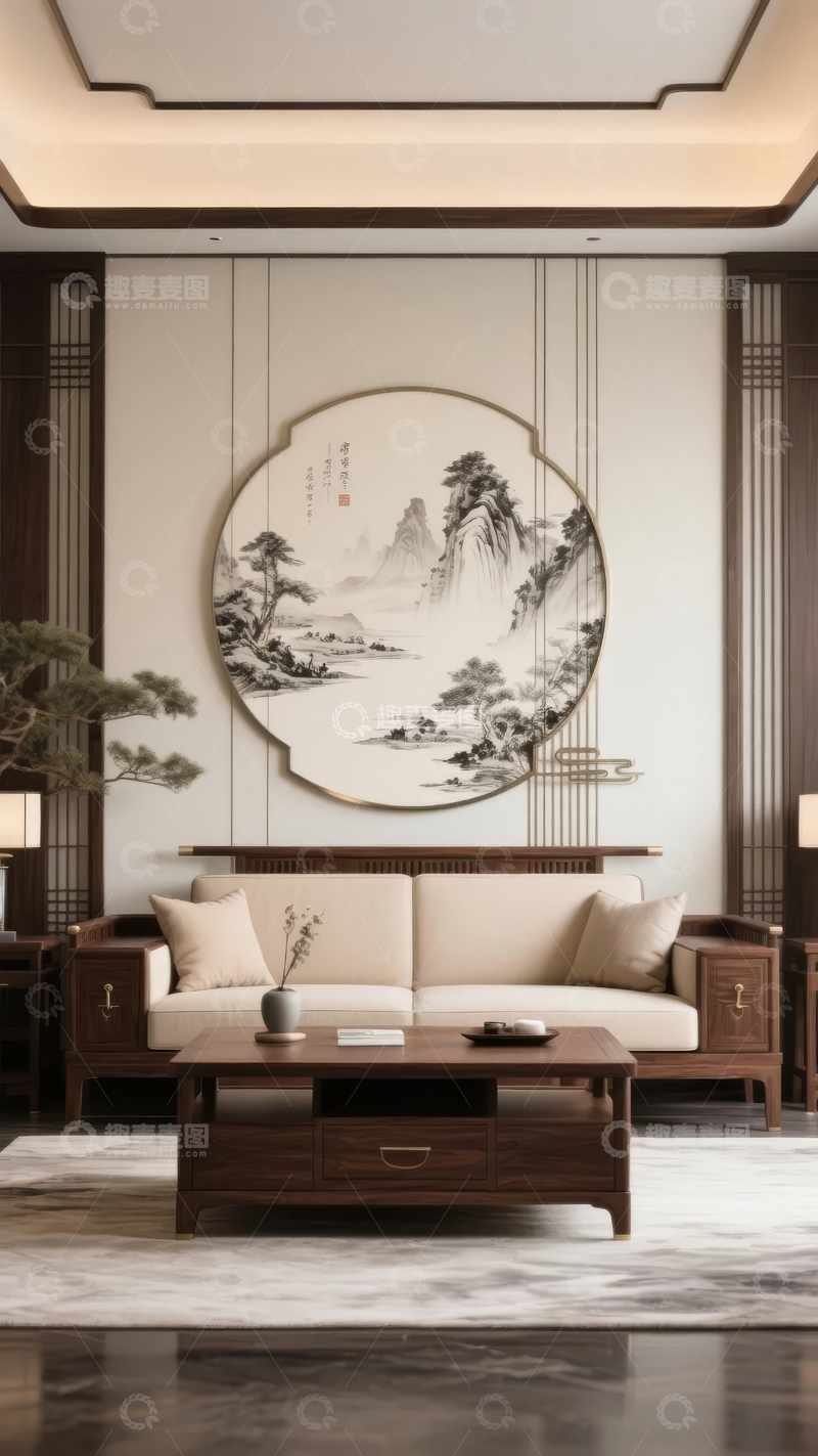 高清大图下载【趣麦麦图】中式风格客厅装饰以圆形山水画和木质家具为主