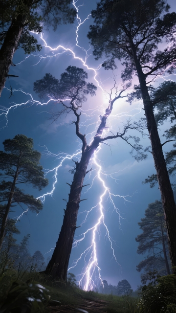 雷电交加的夜晚树林景象