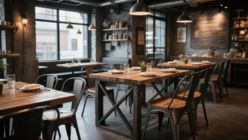 工业风餐厅内部装潢木质桌椅与砖墙设计