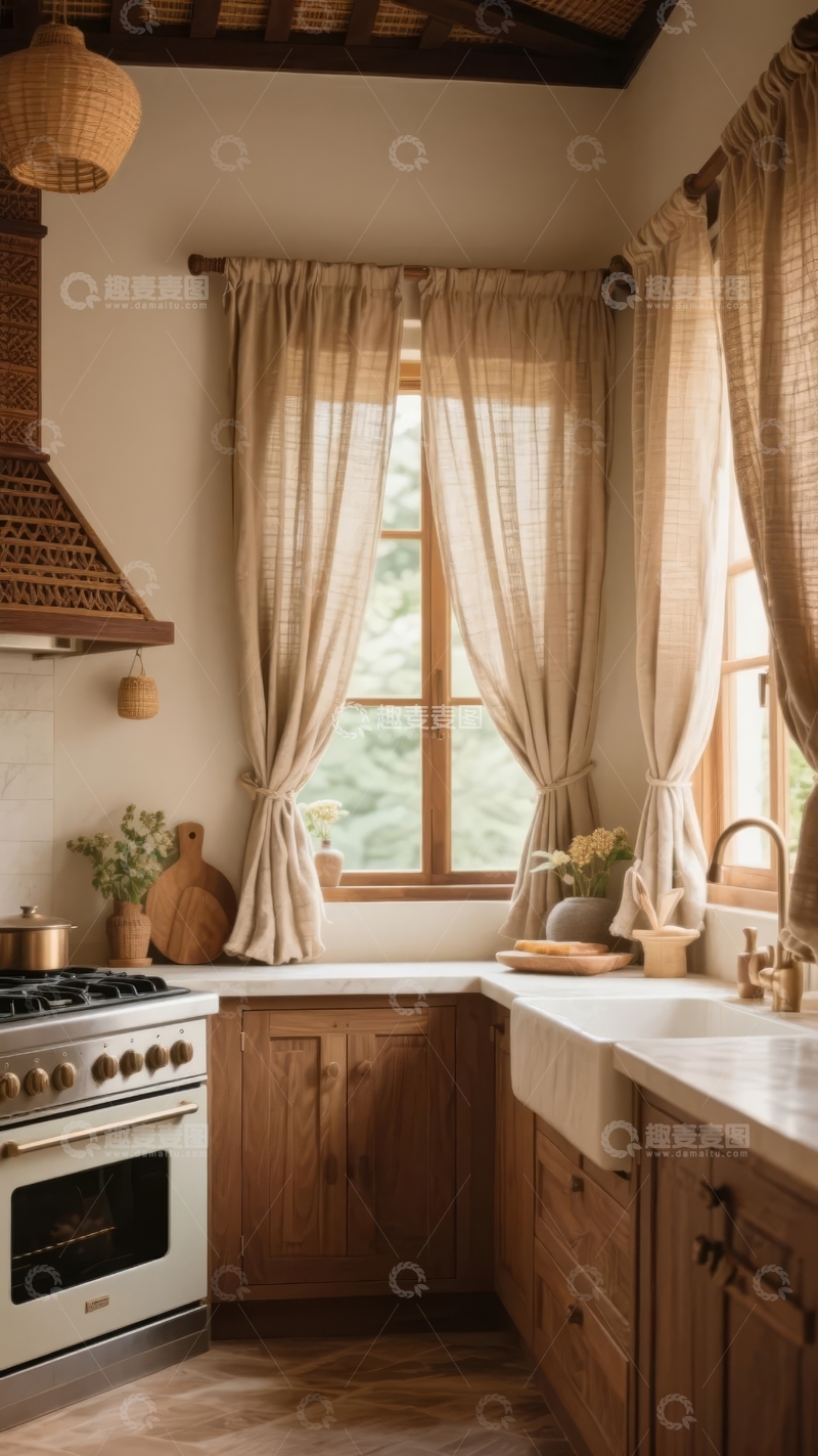 高清大图下载【趣麦麦图】温馨田园风格厨房窗边自然光与布帘装饰