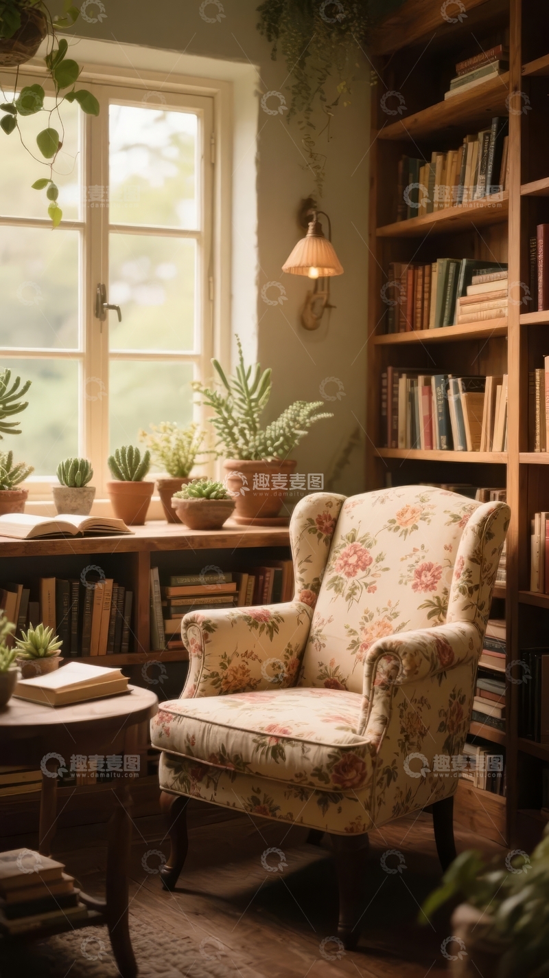 高清大图下载【趣麦麦图】温馨书房角落摆放着花卉图案扶手椅和书架