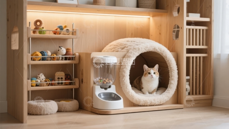 高清大图下载【趣麦麦图】猫咪在毛绒窝里休息旁边有玩具和喂食器