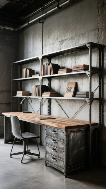 工业风书房墙面金属书架与木质书桌组合