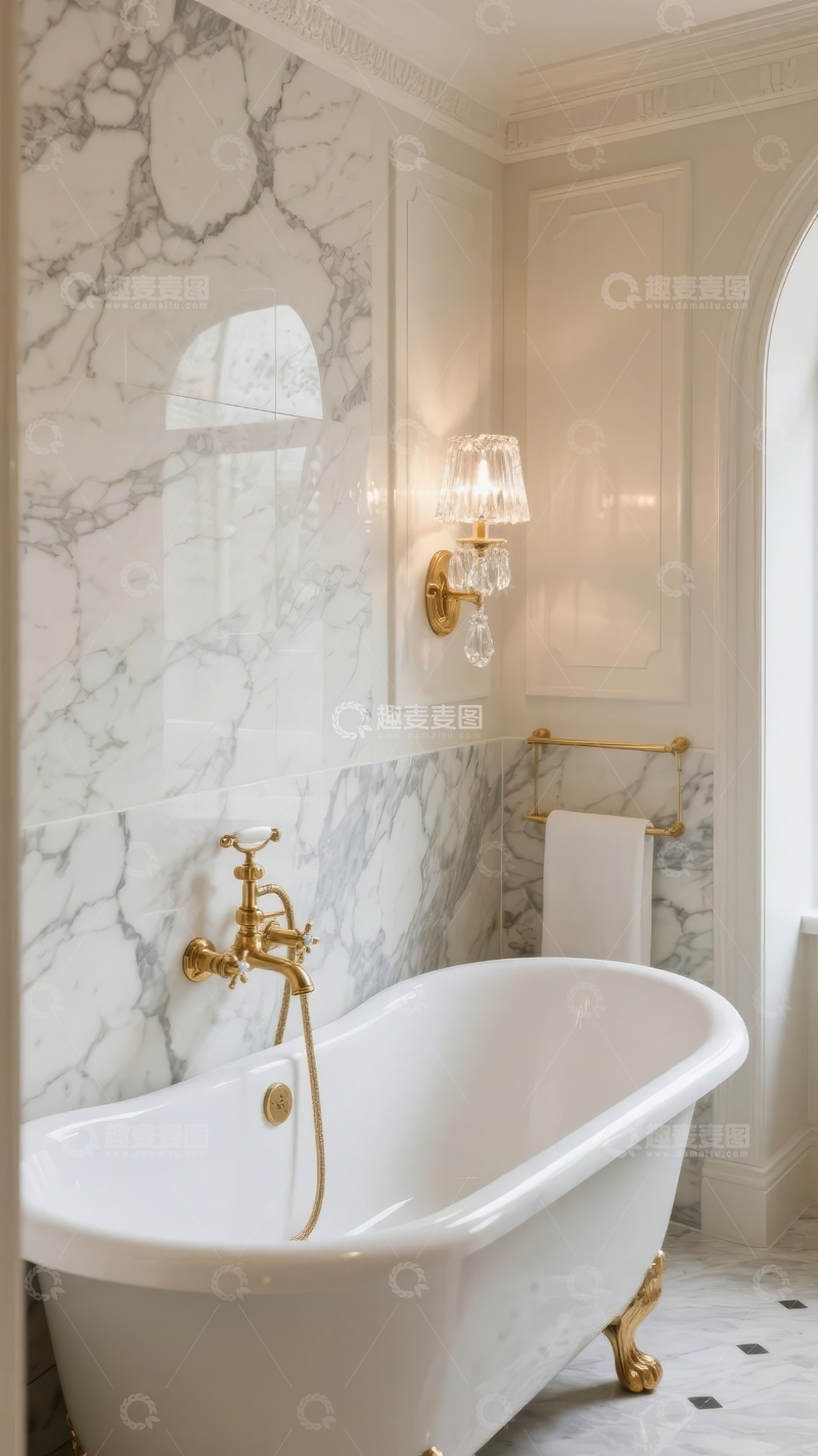高清大图下载【趣麦麦图】豪华浴室中的白色浴缸配金色水龙头和大理石墙面