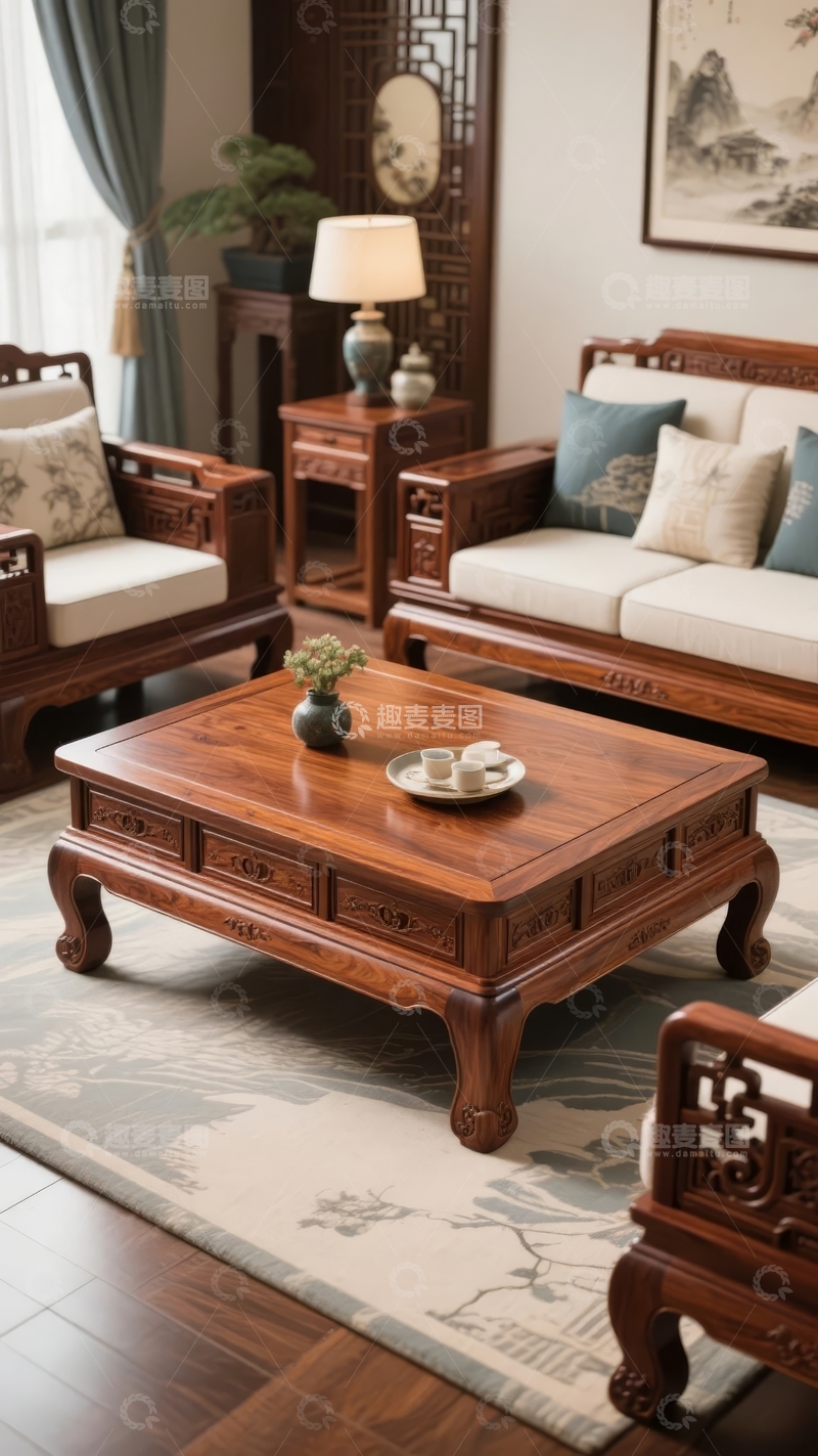 高清大图下载【趣麦麦图】中式古典风格客厅布置包含红木家具和装饰画