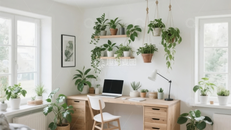高清大图下载【趣麦麦图】明亮室内摆放多盆绿植与办公桌的温馨角落