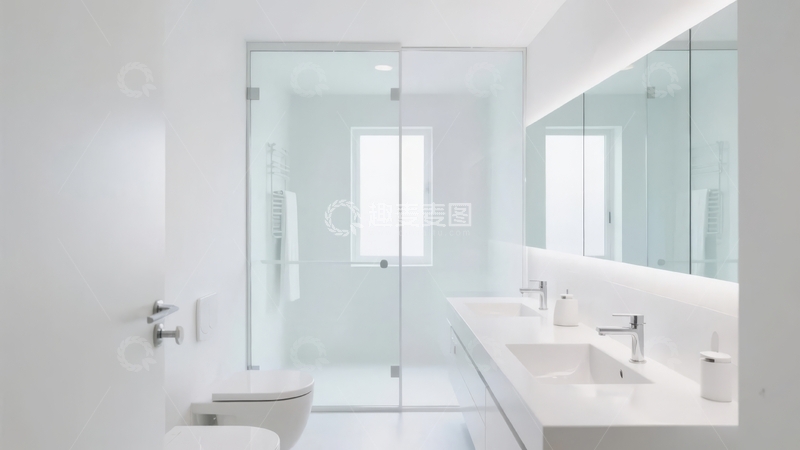 高清大图下载【趣麦麦图】现代简约风格的白色浴室配有玻璃淋浴间和双洗手池
