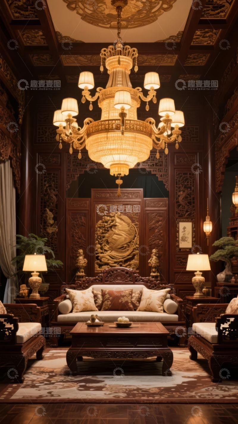高清大图下载【趣麦麦图】华丽中式古典风格客厅装饰精美吊灯与雕花木墙