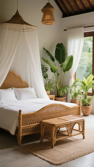温馨卧室布置有床幔绿植和木质吊灯
