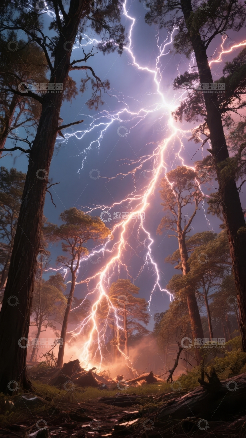 高清大图下载【趣麦麦图】-雷电交加的森林夜景震撼壮观