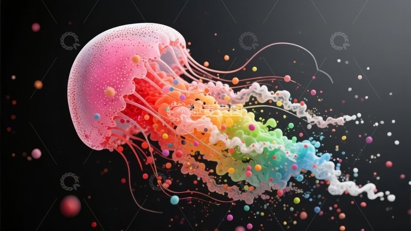 高清大图下载【趣麦麦图】色彩斑斓的抽象水母在黑暗背景中漂浮