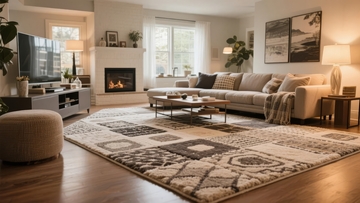 现代客厅布置温馨舒适配有壁炉地毯和沙发