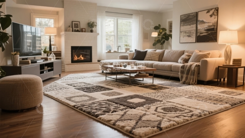 高清大图下载【趣麦麦图】现代客厅布置温馨舒适配有壁炉地毯和沙发