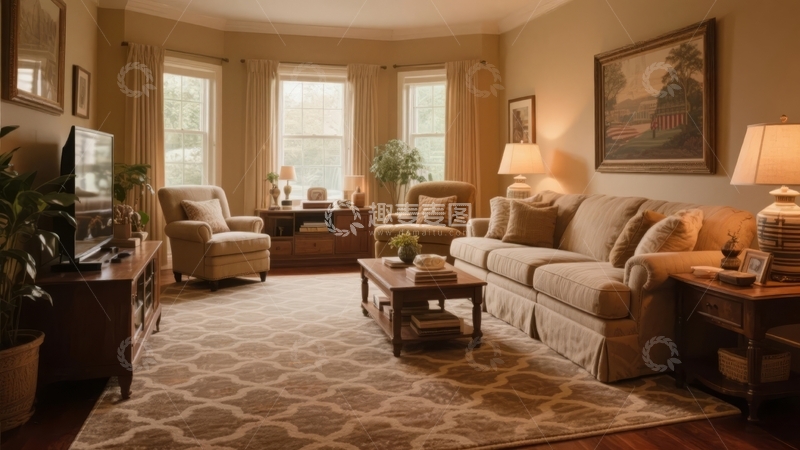 高清大图下载【趣麦麦图】温馨客厅布置配有沙发扶手椅和大窗户