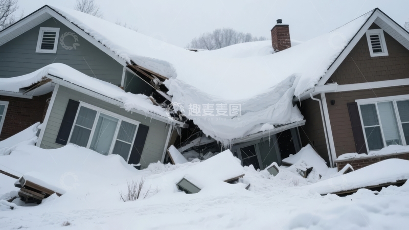 高清大图下载【趣麦麦图】积雪压塌房屋屋顶导致建筑严重受损