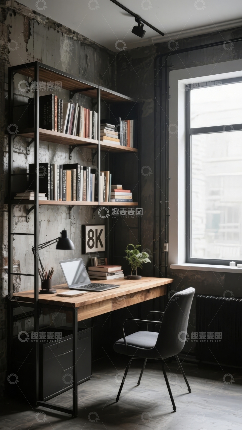 高清大图下载【趣麦麦图】工业风书房角落带大窗户和书架