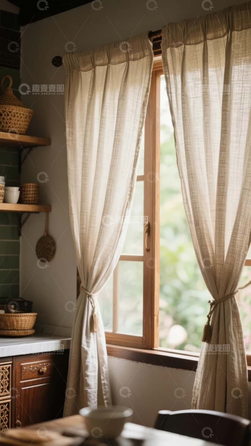高清大图下载【趣麦麦图】乡村风格厨房窗户旁的米色窗帘与木质窗框