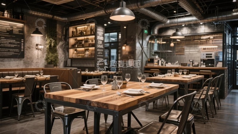 高清大图下载【趣麦麦图】现代工业风格餐厅内部装潢宽敞明亮