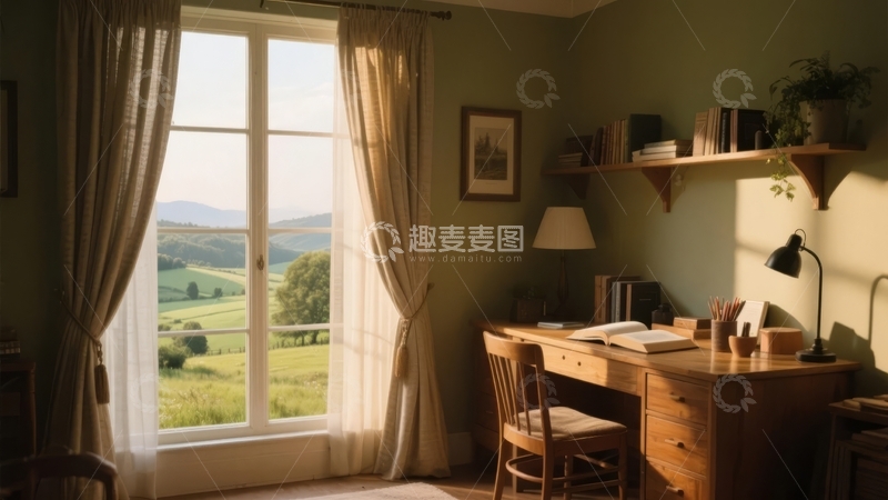 高清大图下载【趣麦麦图】室内书桌旁的窗户透进阳光远眺田园风光