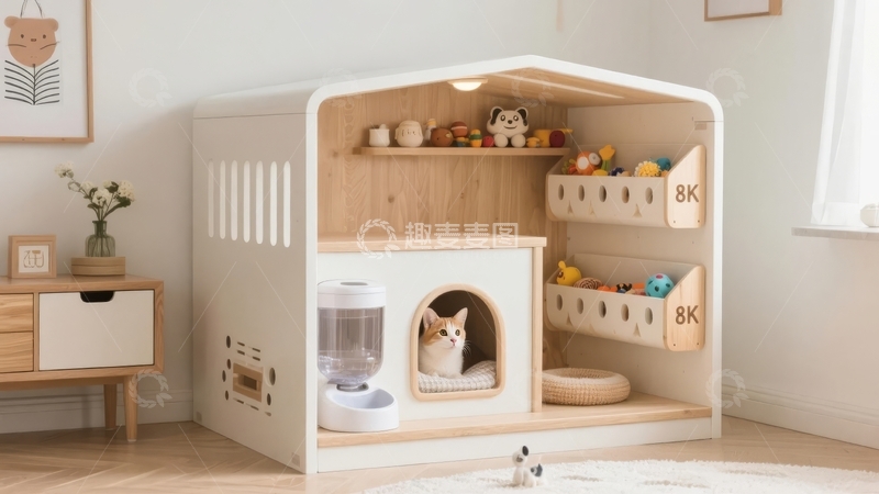 高清大图下载【趣麦麦图】多功能宠物窝内有猫咪休息旁边摆放着装饰品和储物架