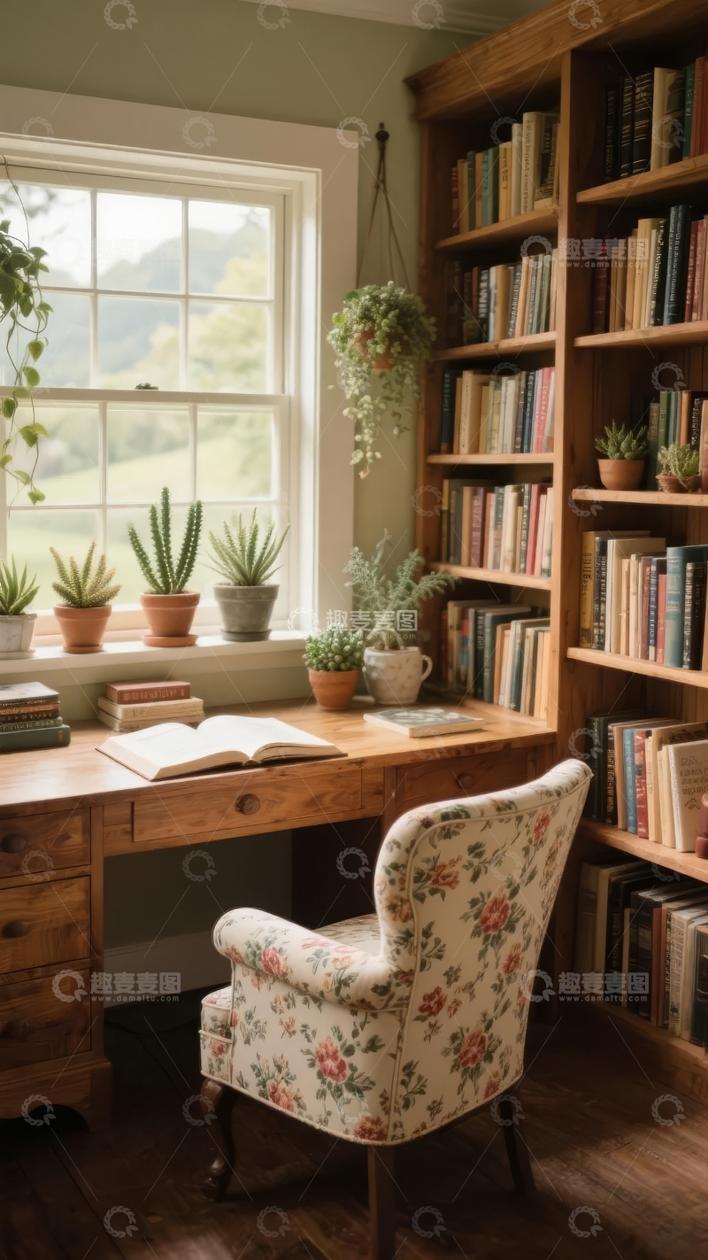 高清大图下载【趣麦麦图】窗边书桌与书架的温馨书房角落