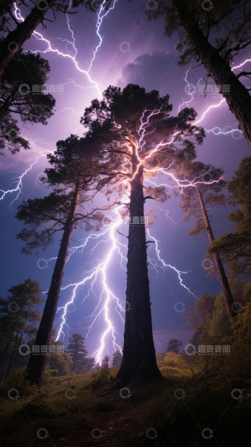 高清大图下载【趣麦麦图】-雷电交加的夜晚森林中高大松树被闪电击中