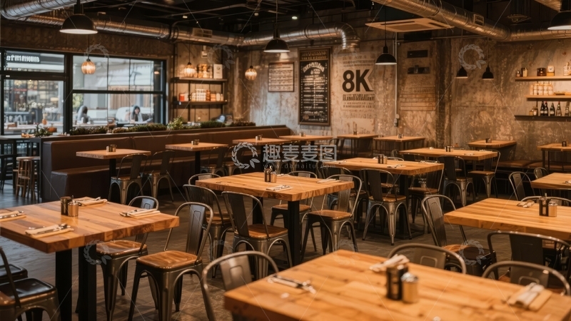 高清大图下载【趣麦麦图】工业风餐厅内部空无一人木质桌椅排列整齐
