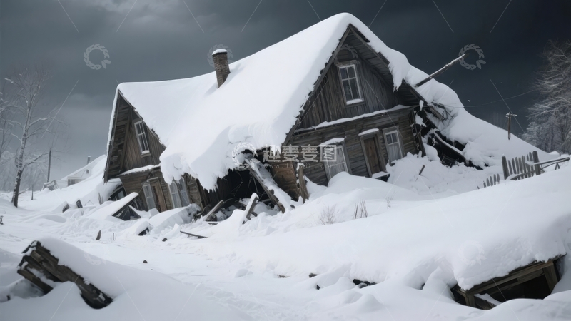 高清大图下载【趣麦麦图】积雪覆盖的破旧木屋在寒冷环境中