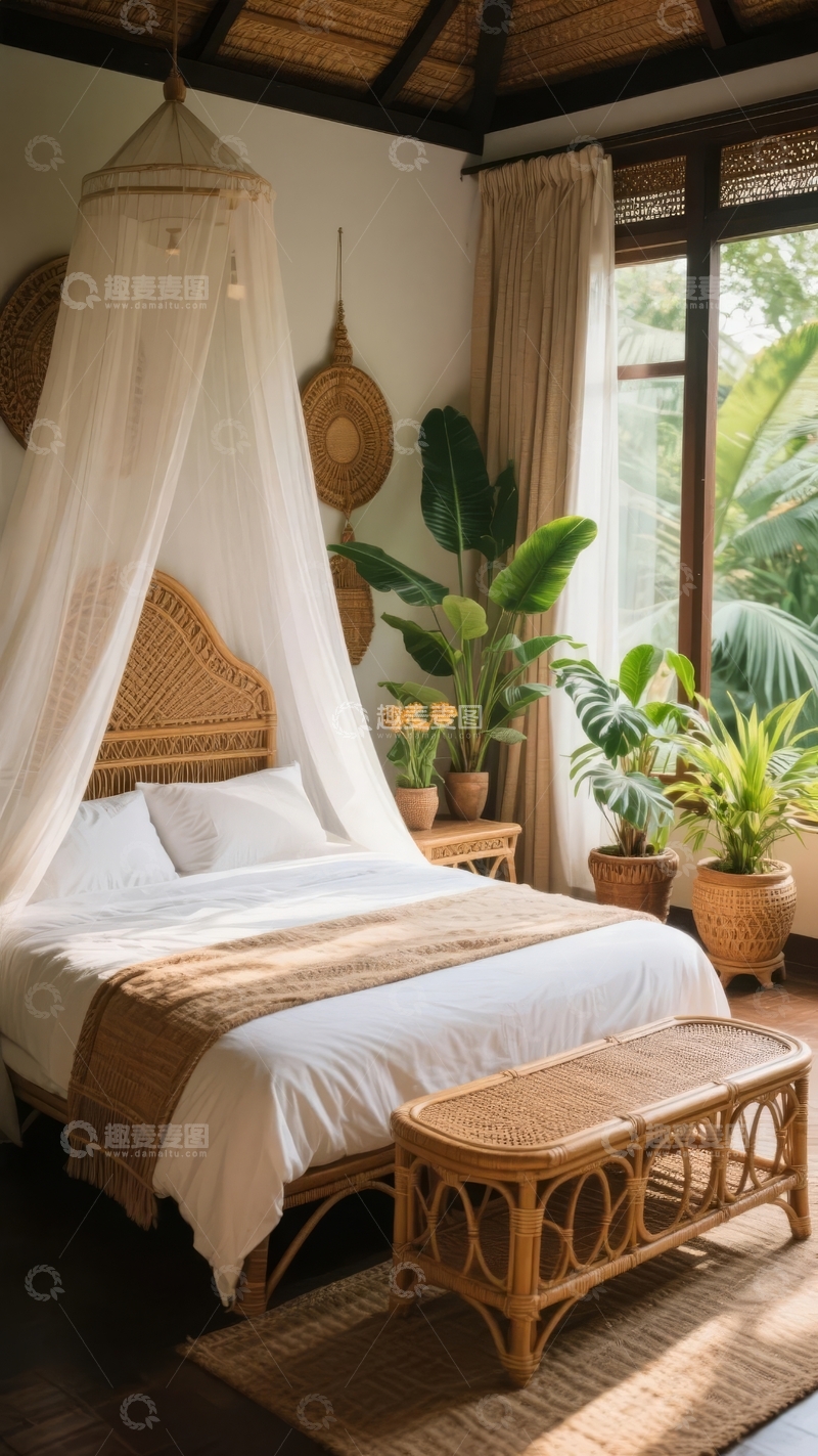 高清大图下载【趣麦麦图】热带风格卧室装饰以植物和藤编家具为主