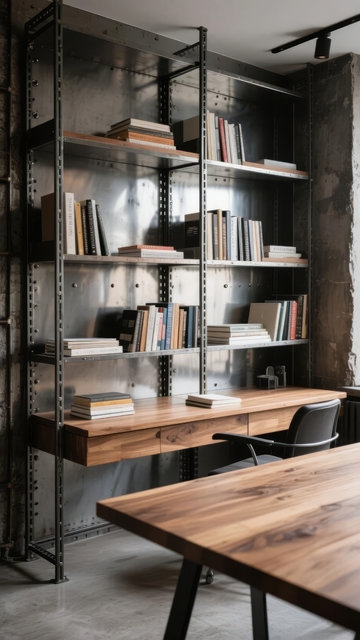 工业风书房内金属书架与木质桌面的组合