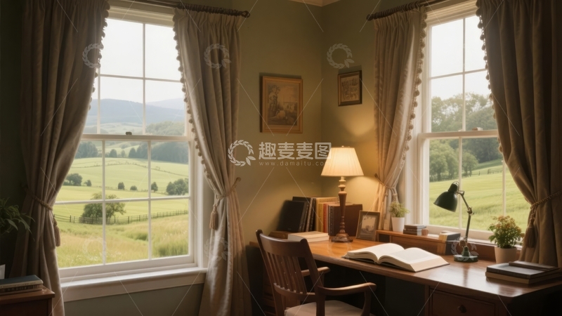 高清大图下载【趣麦麦图】温馨书房内景窗外绿意盎然