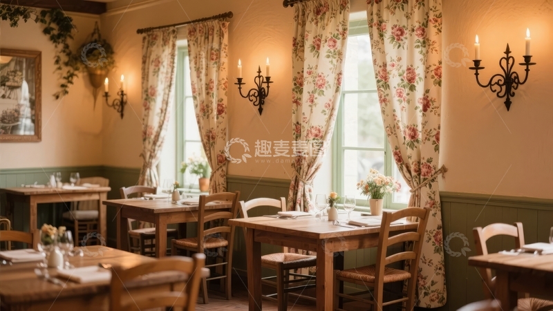 高清大图下载【趣麦麦图】温馨典雅的餐厅内部装饰有花卉窗帘和木质桌椅
