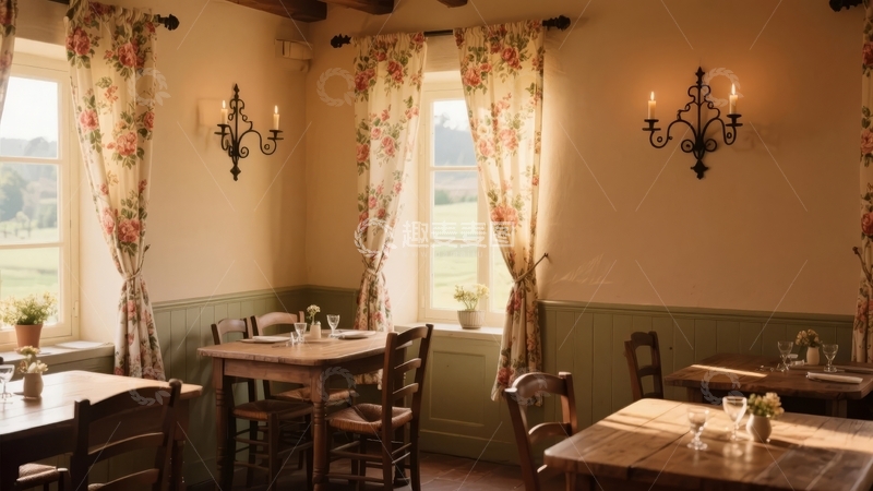 高清大图下载【趣麦麦图】温馨复古风格餐厅内景木质桌椅与花卉窗帘装饰