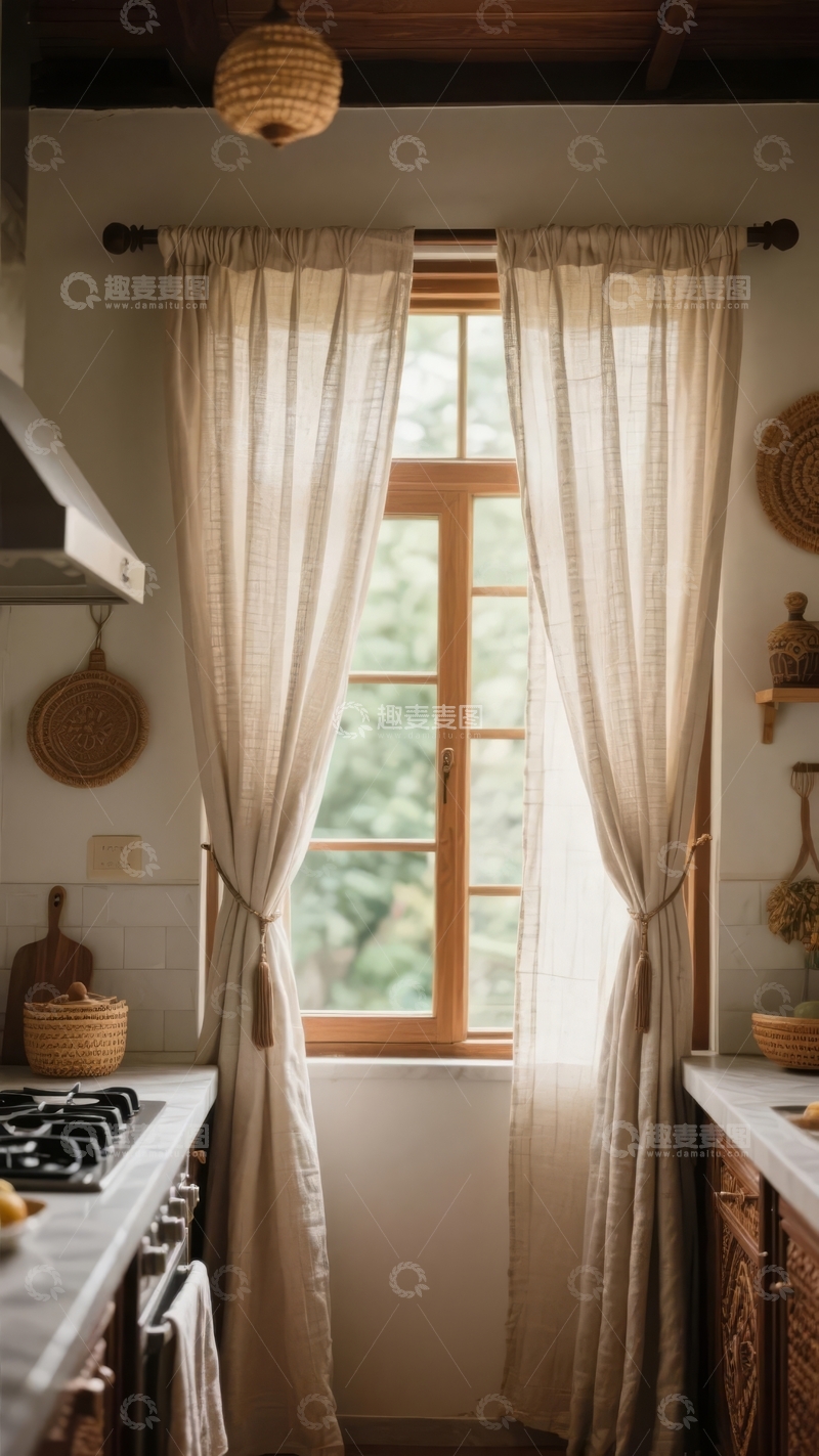高清大图下载【趣麦麦图】温馨厨房窗边自然光线透过米色窗帘