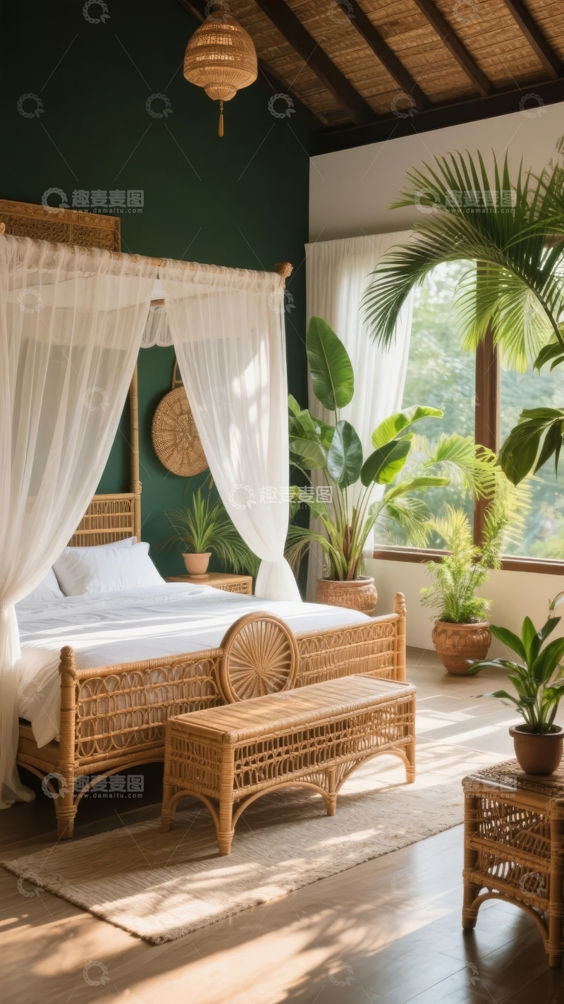 高清大图下载【趣麦麦图】绿墙木质天花板的热带风格卧室配大型植物