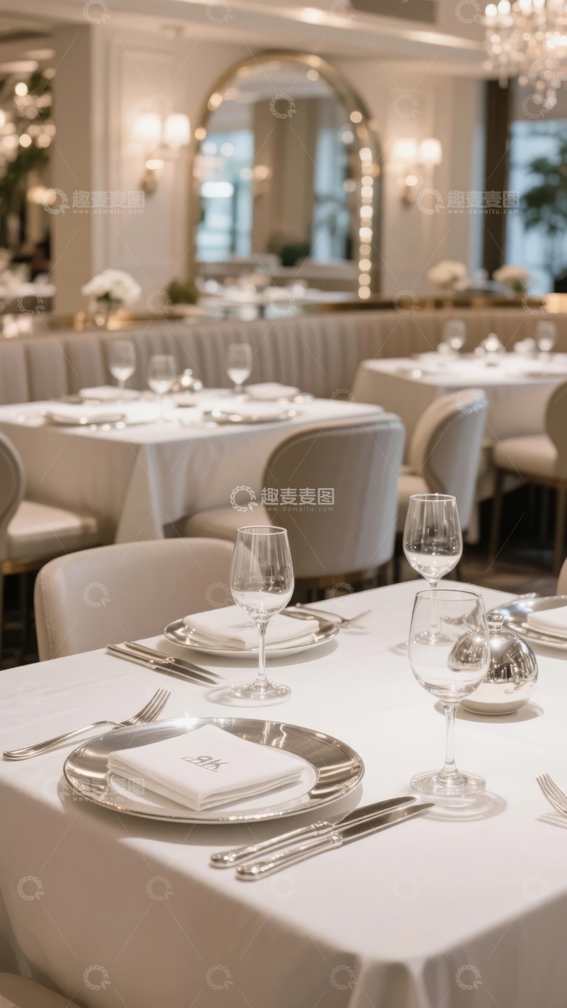 高清大图下载【趣麦麦图】优雅餐厅内景布置精致餐桌与华丽吊灯