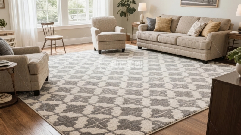 高清大图下载【趣麦麦图】现代客厅布置铺有几何图案地毯