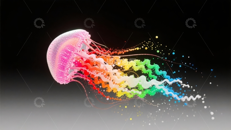 高清大图下载【趣麦麦图】色彩斑斓的水母在黑暗背景中漂浮