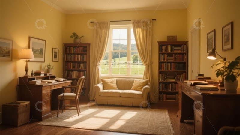 高清大图下载【趣麦麦图】温馨书房内阳光透过窗户洒在沙发和书架上